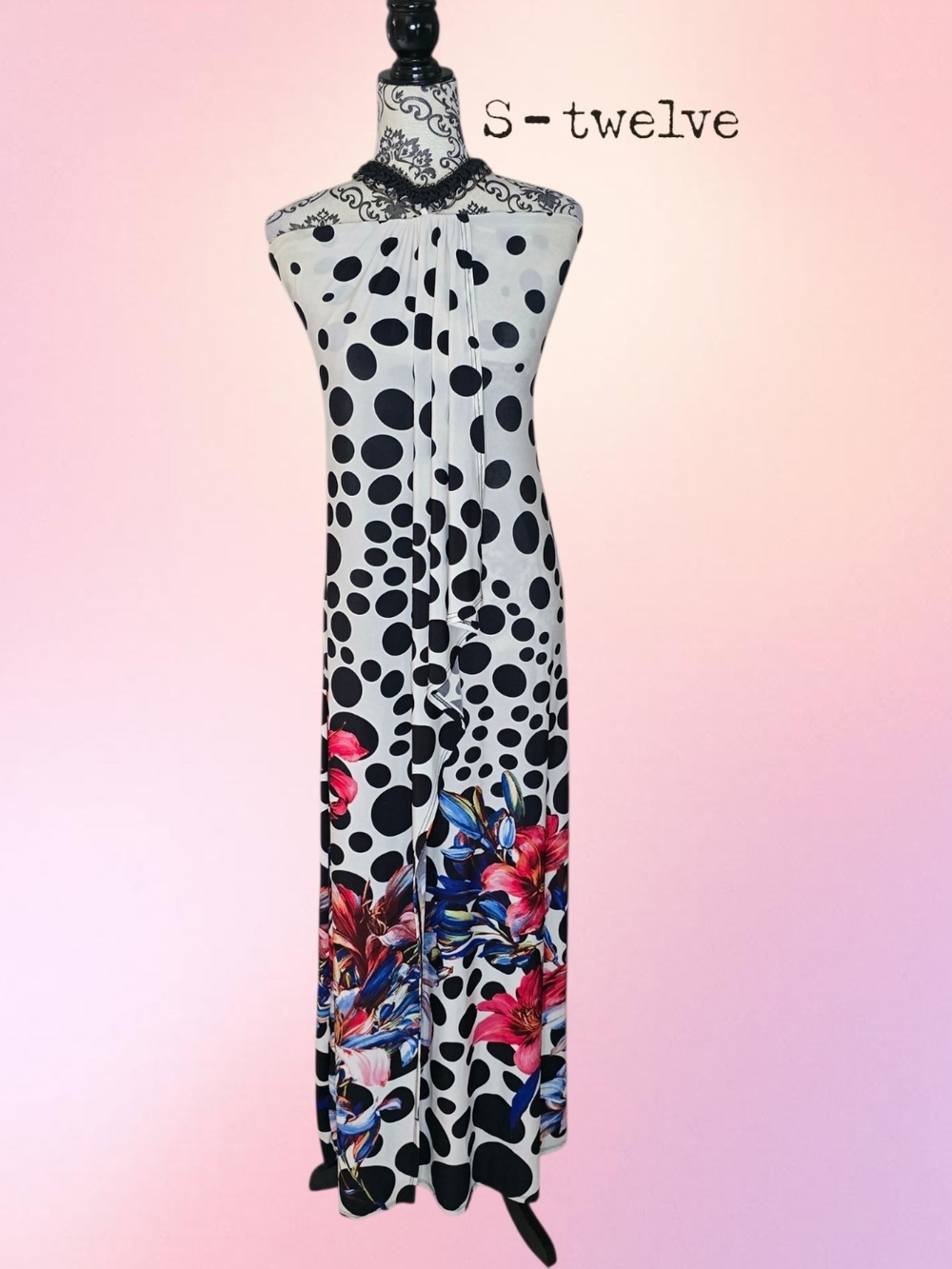 S-TWELVE Polka Dot Maxi Halter Dress with Floral Hem - Small